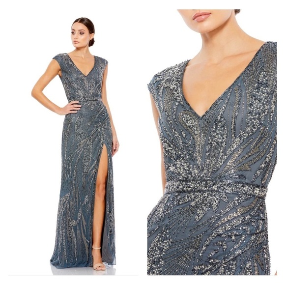 Mac Duggal 5227 NWT High Slit Beaded Dress in Charcoal - Picture 1 of 9
